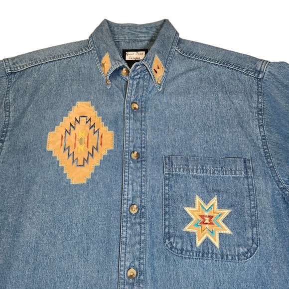 Vintage Quail Trail Designs Denim Western Shirt Southwestern Applique Mens S - Picture 3 of 12